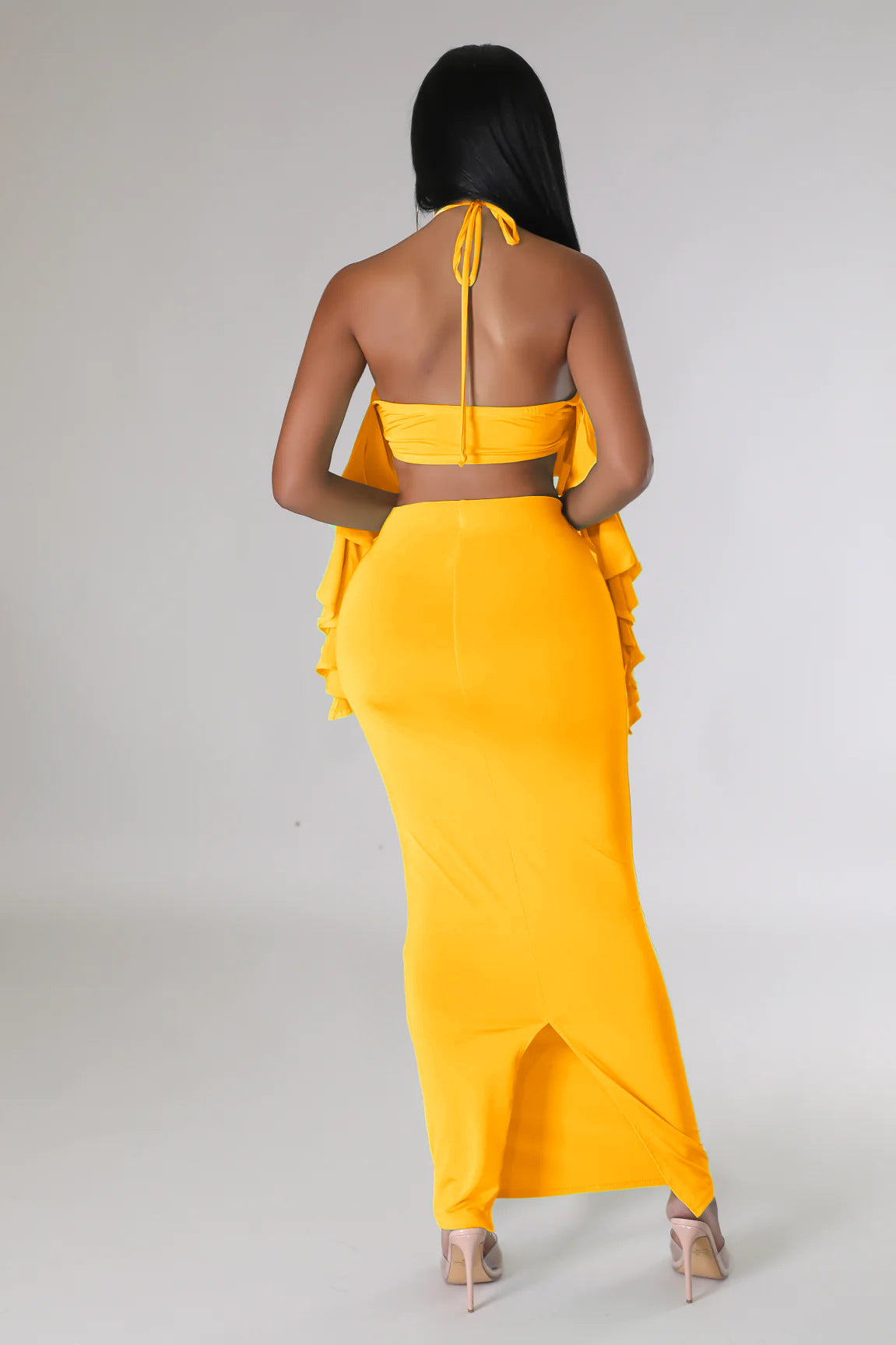 Halter Neckline Maxi Two Piece Set With Ruffled Details Perfect for Parties and Summer Nights