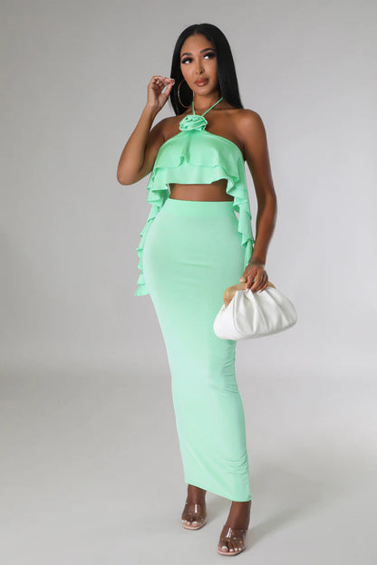 Halter Neckline Maxi Two Piece Set With Ruffled Details Perfect for Parties and Summer Nights