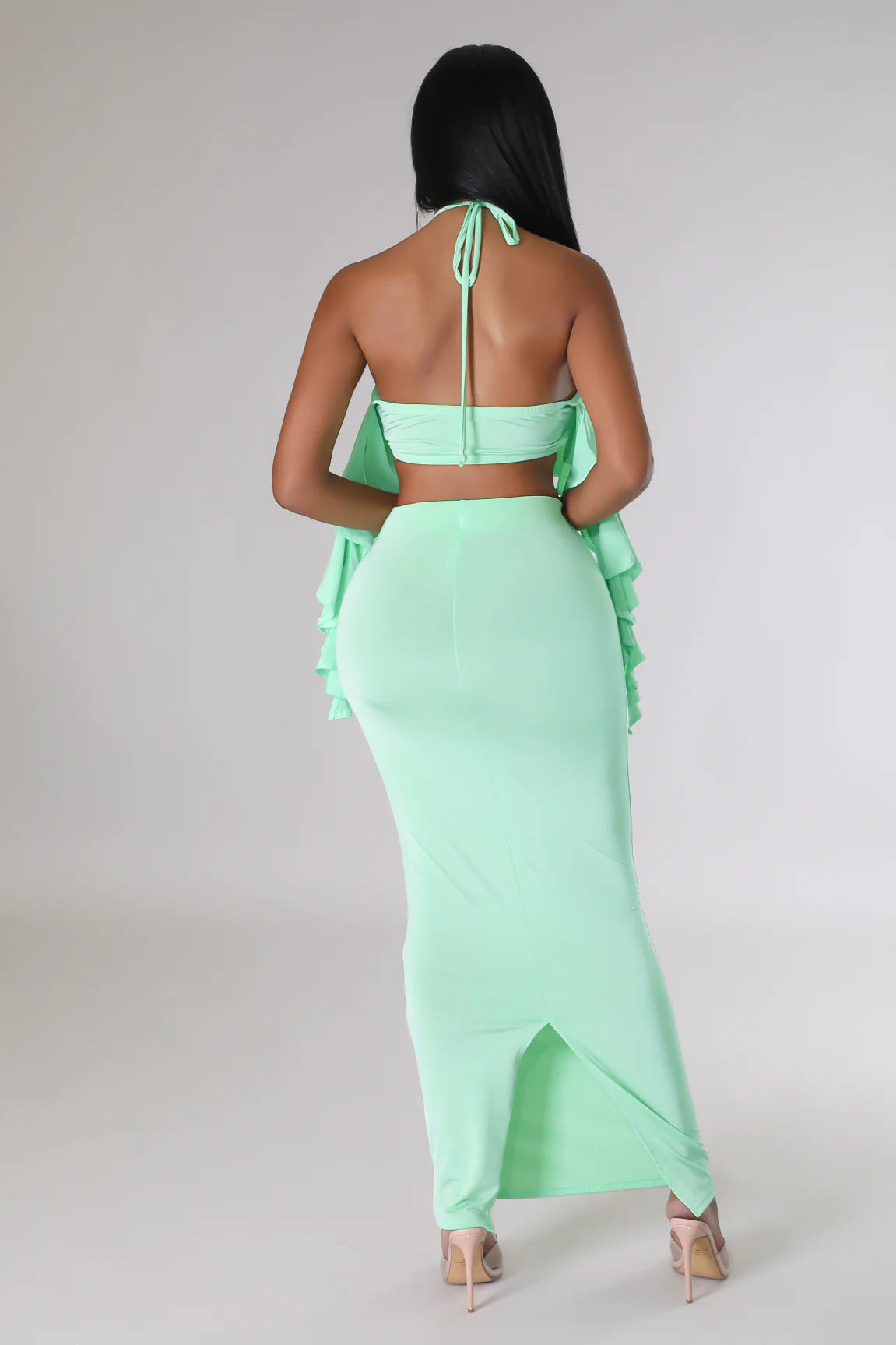 Halter Neckline Maxi Two Piece Set With Ruffled Details Perfect for Parties and Summer Nights