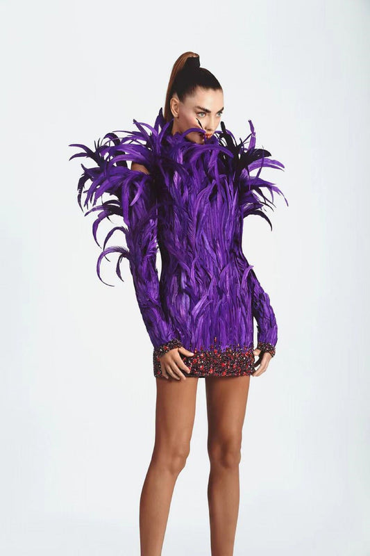 Sophisticated High Neck Bodycon Dress with Feather Trim Evening Party Wear
