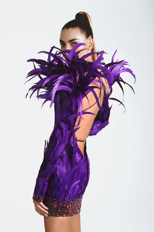 Sophisticated High Neck Bodycon Dress with Feather Trim Evening Party Wear