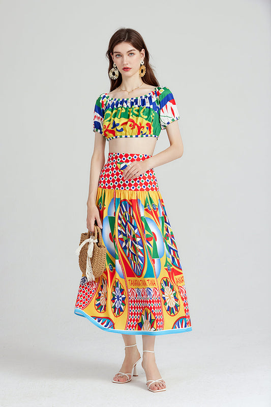Summer Chic TwoPiece Set Geometric Print Crop Top and Midi Skirt Fashion Outfit