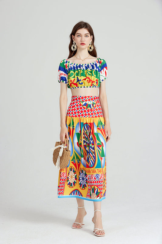 Summer Chic TwoPiece Set Geometric Print Crop Top and Midi Skirt Fashion Outfit