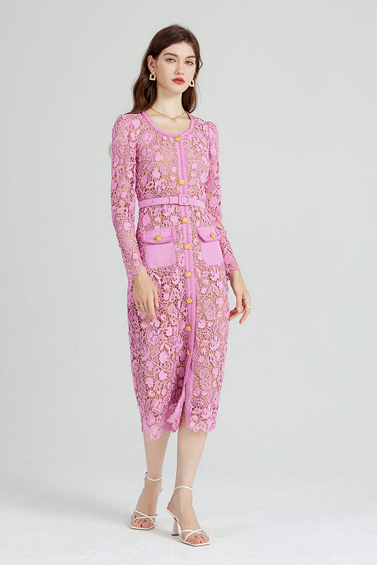 Elegant Midi Dress with Long Sleeves and Delicate Lace Detailing for Chic Women Spring Outfit