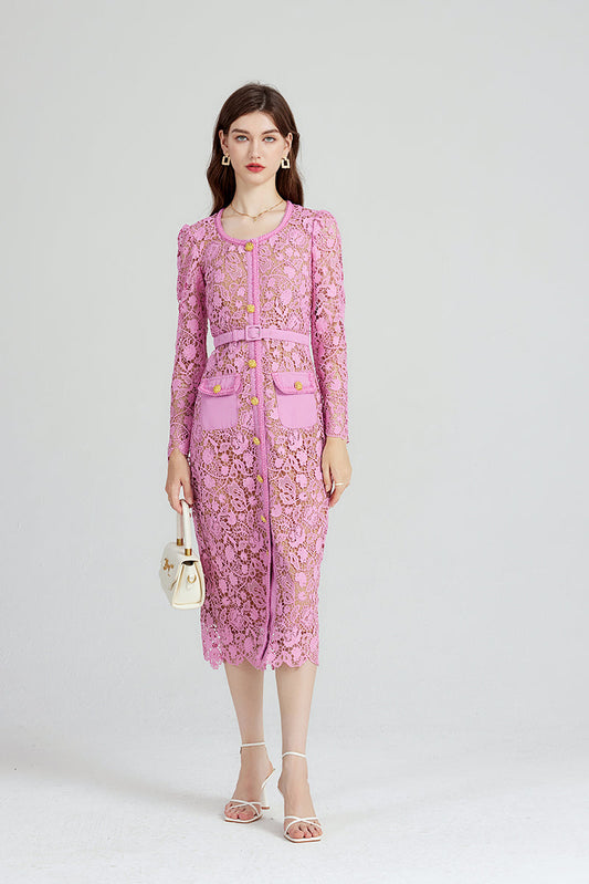 Elegant Midi Dress with Long Sleeves and Delicate Lace Detailing for Chic Women Spring Outfit
