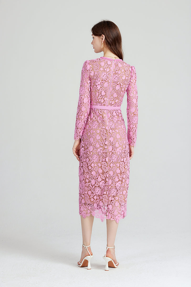 Elegant Midi Dress with Long Sleeves and Delicate Lace Detailing for Chic Women Spring Outfit