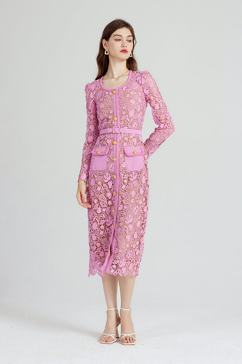 Elegant Midi Dress with Long Sleeves and Delicate Lace Detailing for Chic Women Spring Outfit