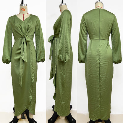 Satin Wrap Mini Dress with Lantern Sleeves Sexy Party Style for Womens Fashion