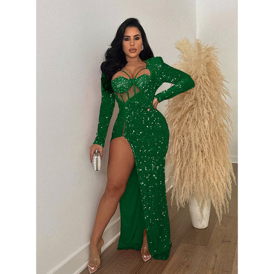 Sequin Maxi Dress for a Night Out Stunning VNeck Bodycon Party Gown