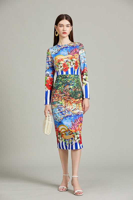Striped Midi Dress for Women Long Sleeve Crewneck Slim Fit Autumn Fashion Daily Wear
