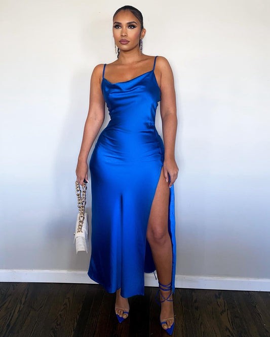 Slinky Satin Midi Dress with Side Split for Evening Events Elegant Cocktail Attire