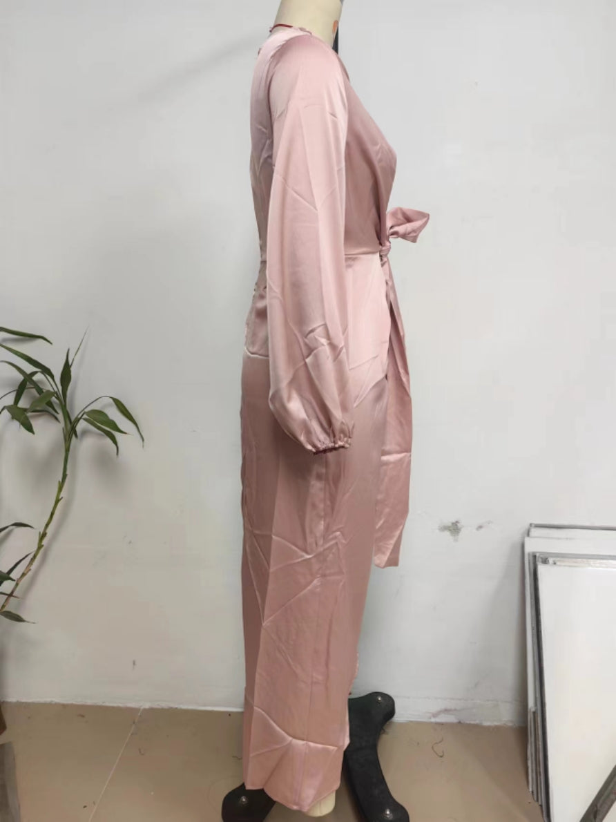 Satin Wrap Mini Dress with Lantern Sleeves Sexy Party Style for Womens Fashion