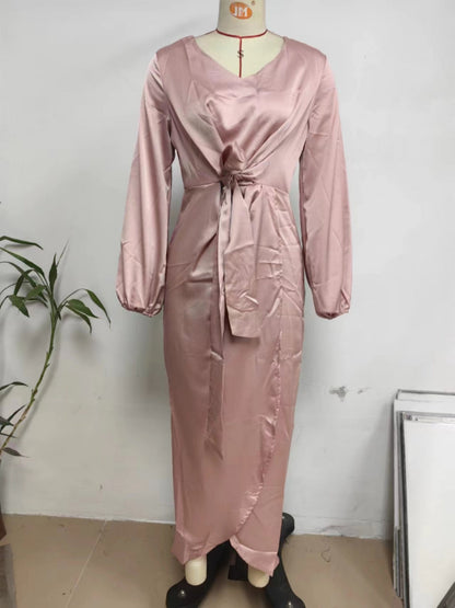 Satin Wrap Mini Dress with Lantern Sleeves Sexy Party Style for Womens Fashion