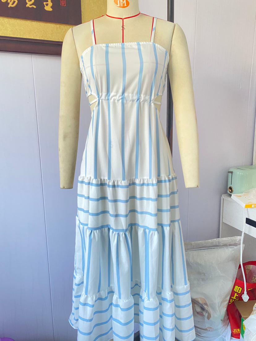 Boho Maxi Dress with Striped Design and Lace Up Detail Vacation Ready Style