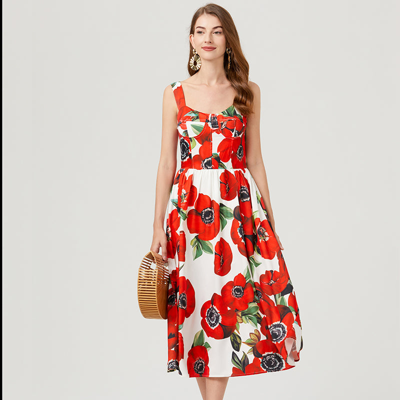 Sleeveless Floral A Line Dress Summer Vacation Outfit Midi Length Dresses