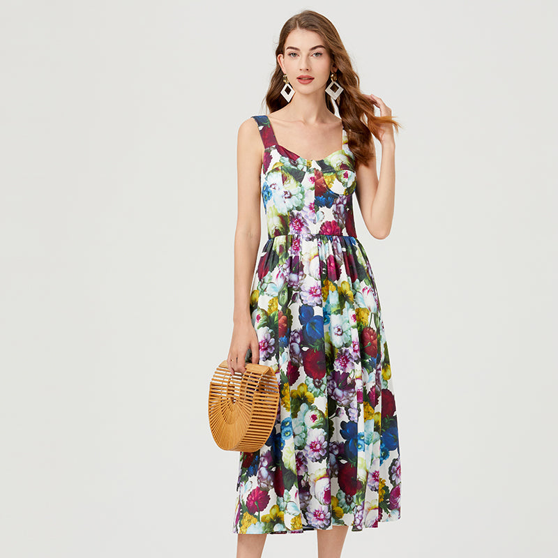 Sleeveless Floral A Line Dress Summer Vacation Outfit Midi Length Dresses