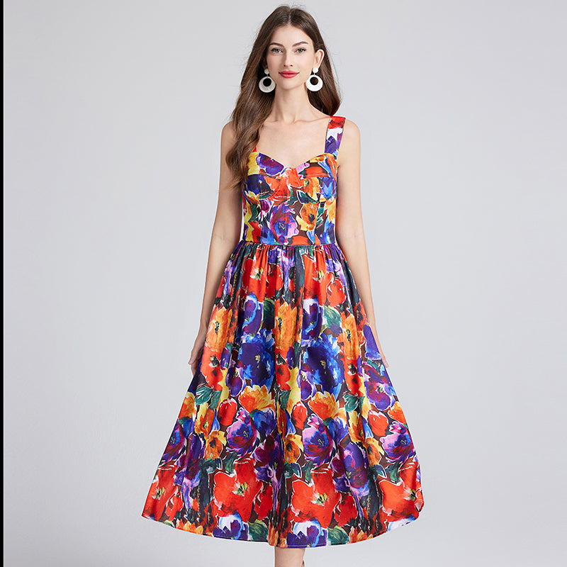 Sleeveless Floral A Line Dress Summer Vacation Outfit Midi Length Dresses