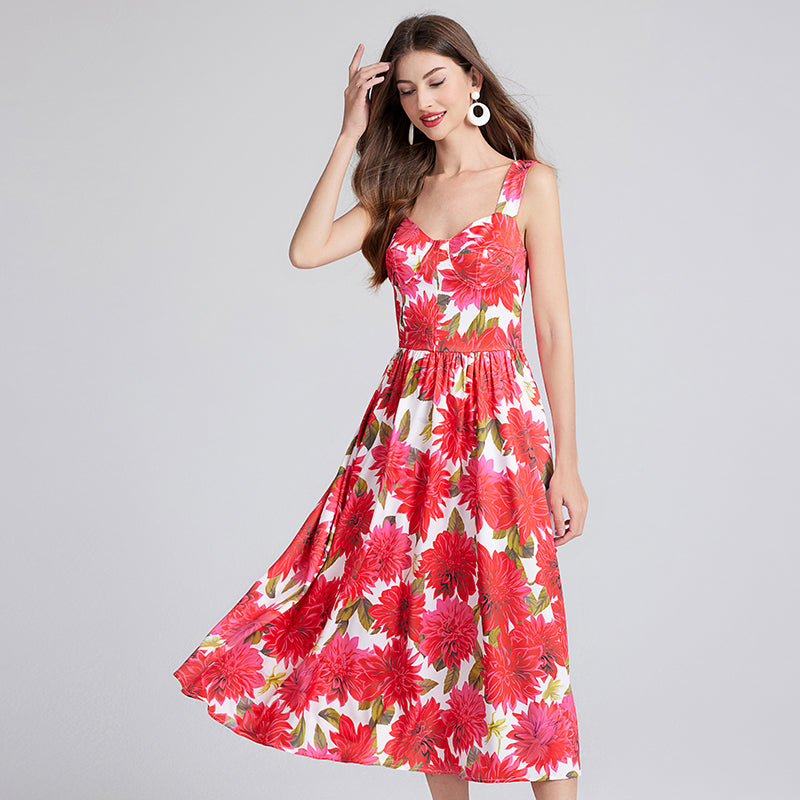 Sleeveless Floral A Line Dress Summer Vacation Outfit Midi Length Dresses