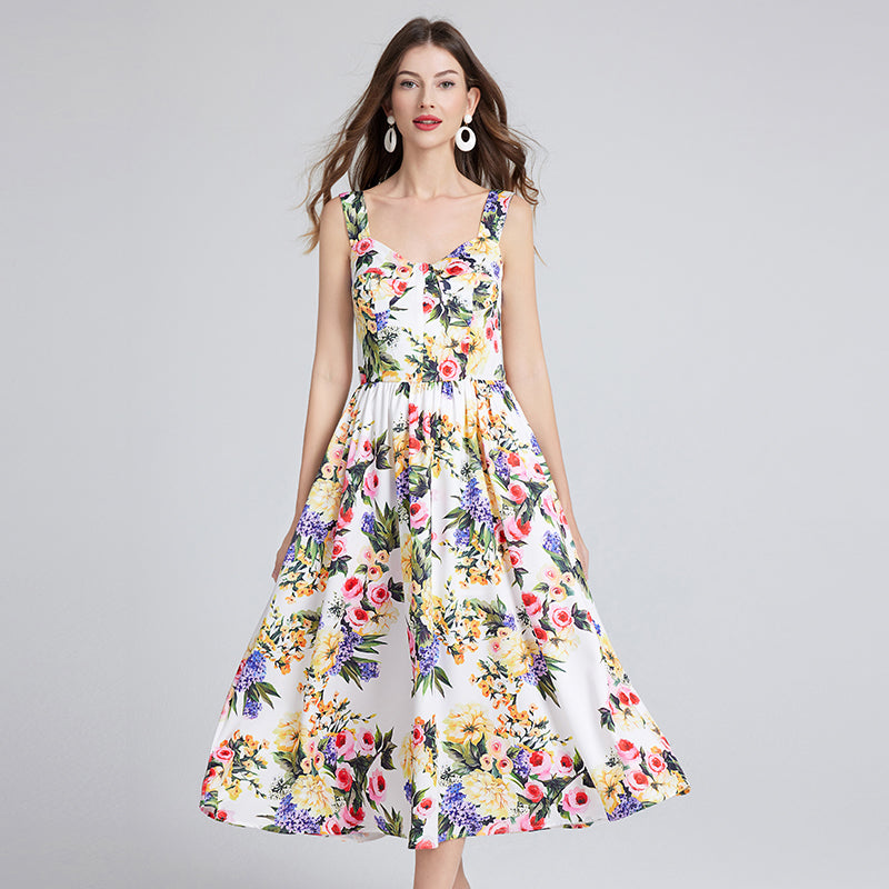 Sleeveless Floral A Line Dress Summer Vacation Outfit Midi Length Dresses