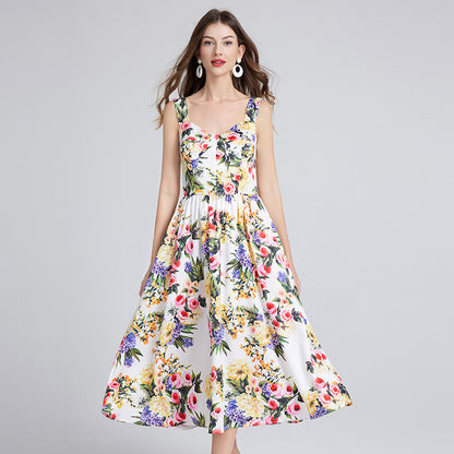 Sleeveless Floral A Line Dress Summer Vacation Outfit Midi Length Dresses