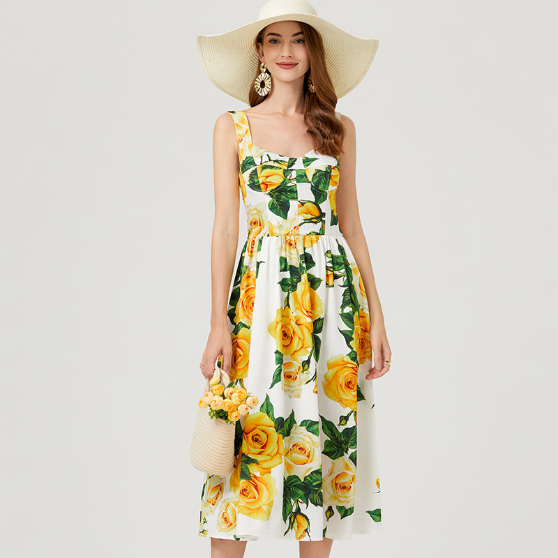 Sleeveless Floral A Line Dress Summer Vacation Outfit Midi Length Dresses