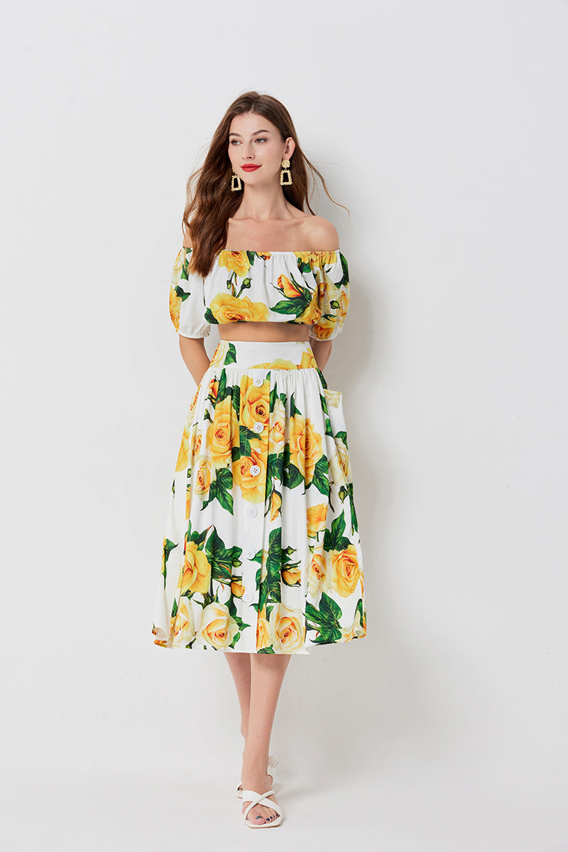 Floral Two Piece Set with a Crop Top and Midi Skirt Perfect for Warm Weather Outings