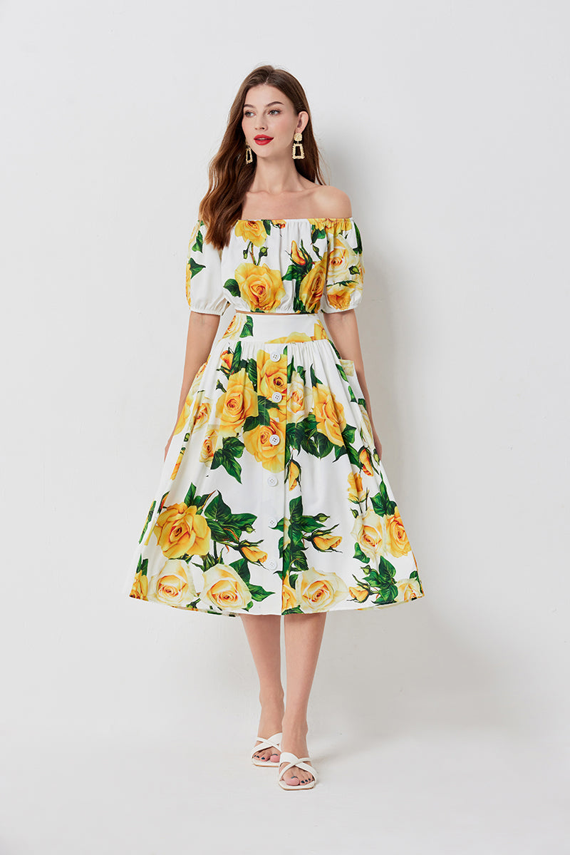 Floral Two Piece Set with a Crop Top and Midi Skirt Perfect for Warm Weather Outings