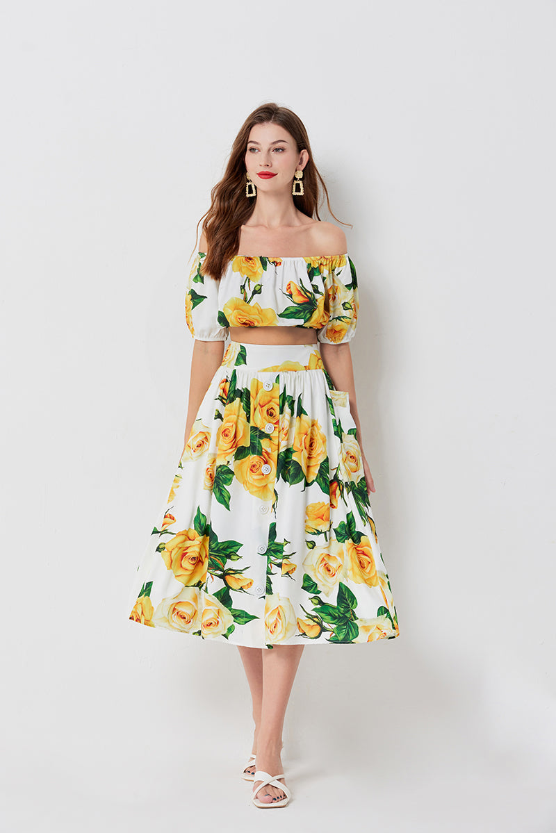 Floral Two Piece Set with a Crop Top and Midi Skirt Perfect for Warm Weather Outings