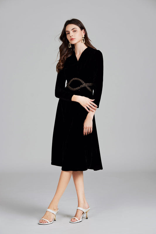 Velvet ALine Dress Long Sleeve Knee Length Perfect For Fall and Winter Fashion