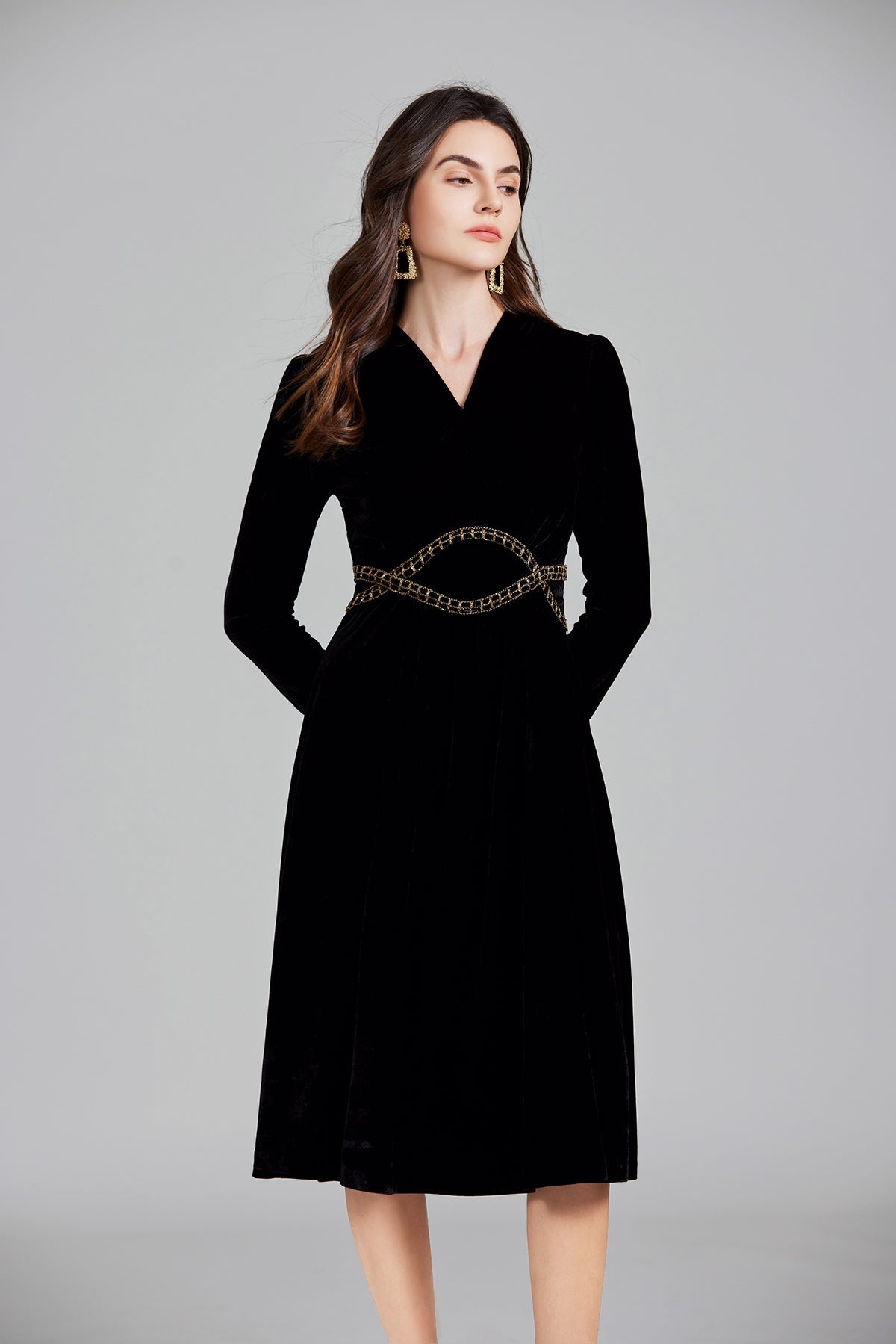 Velvet ALine Dress Long Sleeve Knee Length Perfect For Fall and Winter Fashion