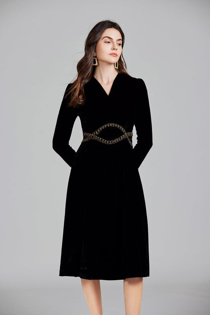Velvet ALine Dress Long Sleeve Knee Length Perfect For Fall and Winter Fashion