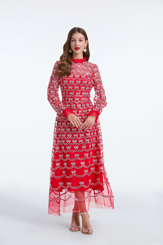 Sequin Maxi Dress for Women with Long Sleeves and Stand Collar Evening Wear