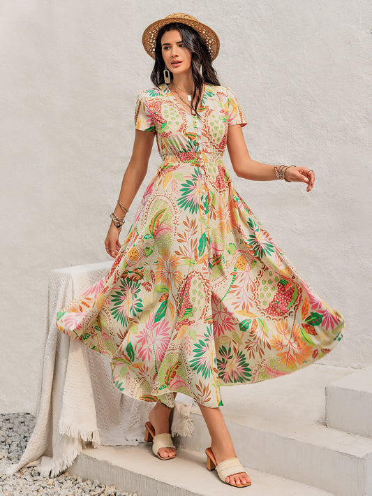 Bohemian Maxi Dress for Summer Vacation Style Printed Floral Print Dress with Pockets