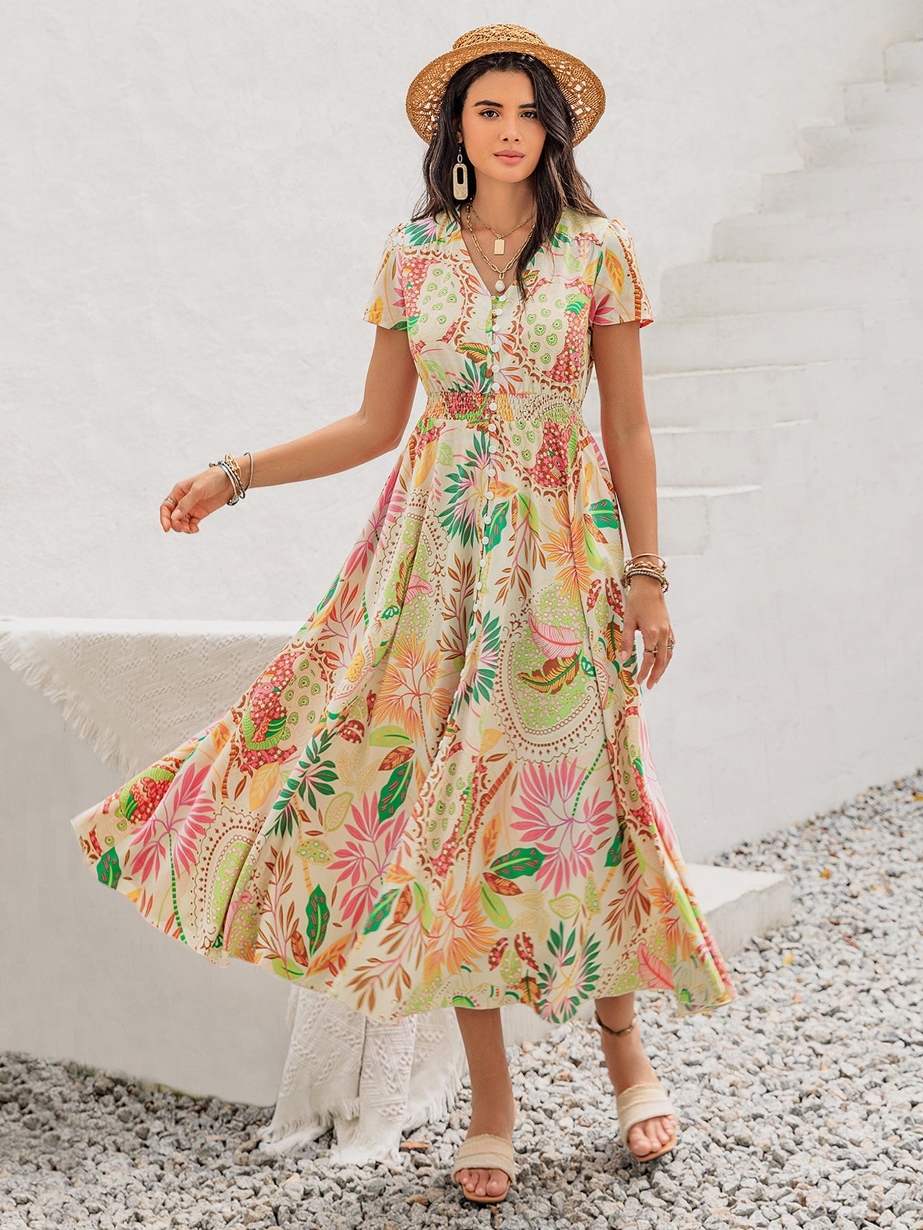Bohemian Maxi Dress for Summer Vacation Style Printed Floral Print Dress with Pockets