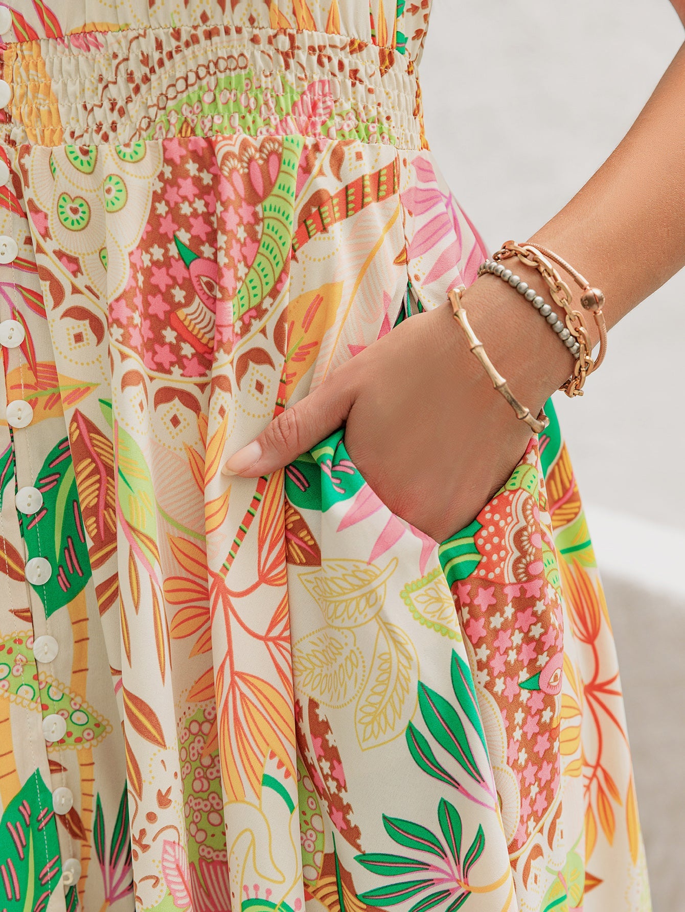 Bohemian Maxi Dress for Summer Vacation Style Printed Floral Print Dress with Pockets