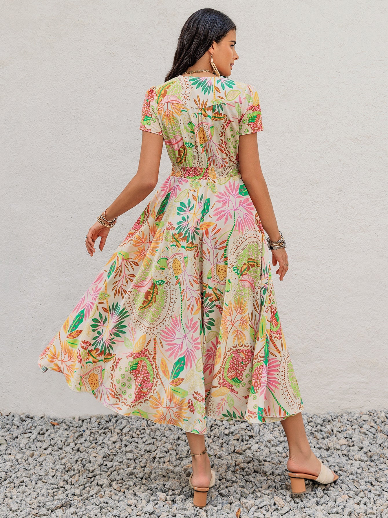 Bohemian Maxi Dress for Summer Vacation Style Printed Floral Print Dress with Pockets