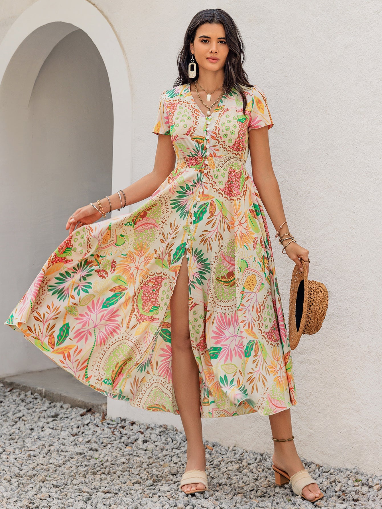 Bohemian Maxi Dress for Summer Vacation Style Printed Floral Print Dress with Pockets