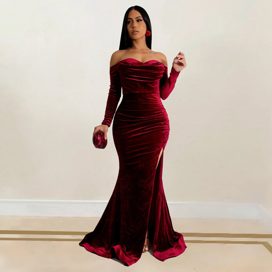 Velvet Evening Gown Long Sleeve Maxi Dress With A Thigh High Split For Women Formal Occasions