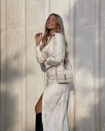 Jacquard Maxi Dress for Women Spring Fashion Office Wear Long Sleeve Dress