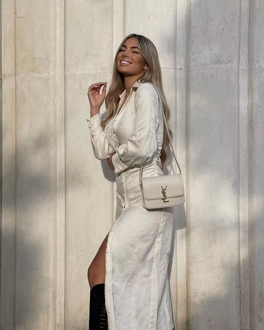 Jacquard Maxi Dress for Women Spring Fashion Office Wear Long Sleeve Dress