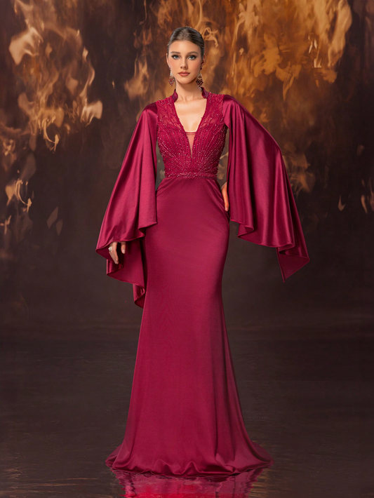 Beaded Maxi Gown for Evening Glamour Deep V Neckline Fishtail Design Formal Dress