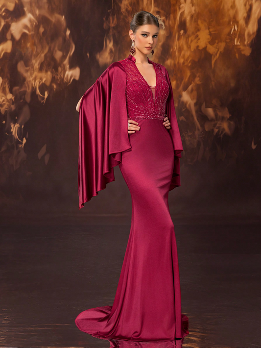 Beaded Maxi Gown for Evening Glamour Deep V Neckline Fishtail Design Formal Dress
