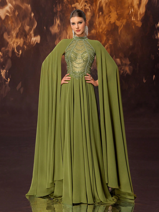 Maxi Evening Dress for Women Long Sleeve Formal Wear Stand Collar Design