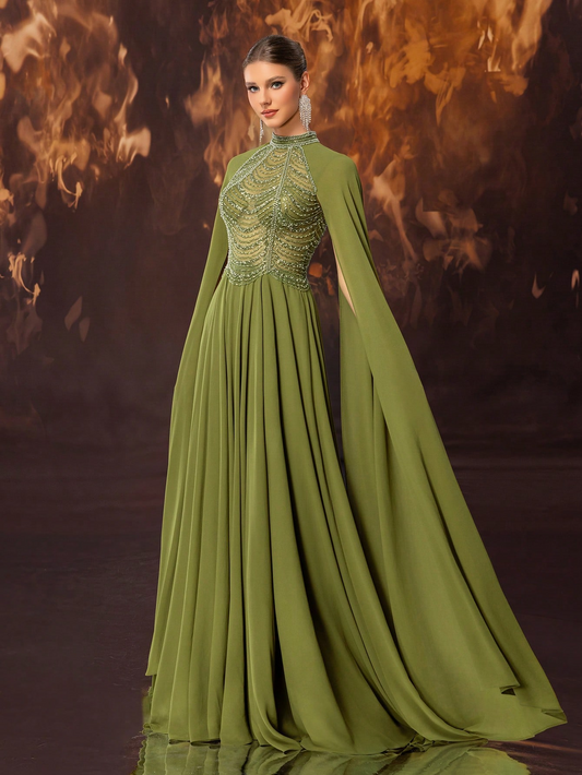 Maxi Evening Dress for Women Long Sleeve Formal Wear Stand Collar Design