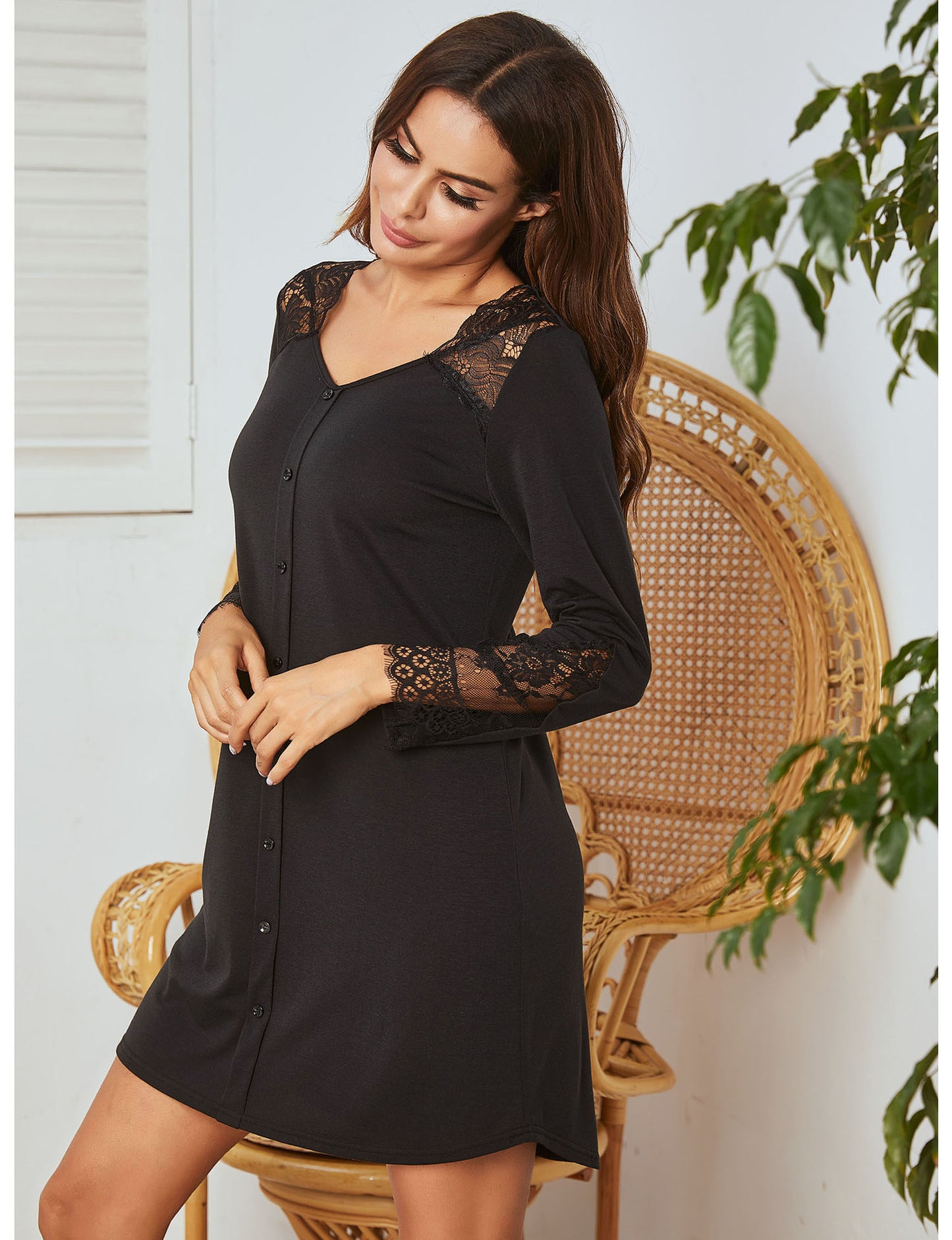 Lace Stitching Nightdress for Women Long Sleeve Soft Loungewear Sleep Dress Comfortable Fit
