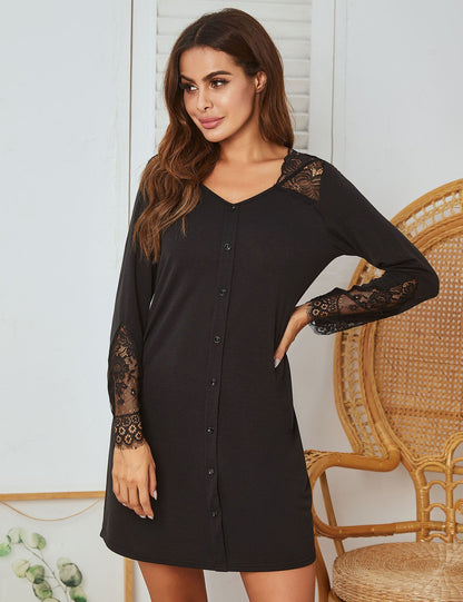 Lace Stitching Nightdress for Women Long Sleeve Soft Loungewear Sleep Dress Comfortable Fit