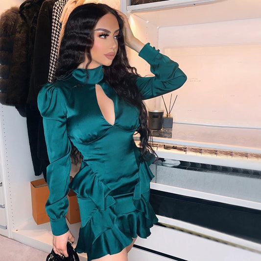 Elegant Asymmetrical Satin Dress with Ruffles and Puff Sleeves Perfect for Parties and Special Events