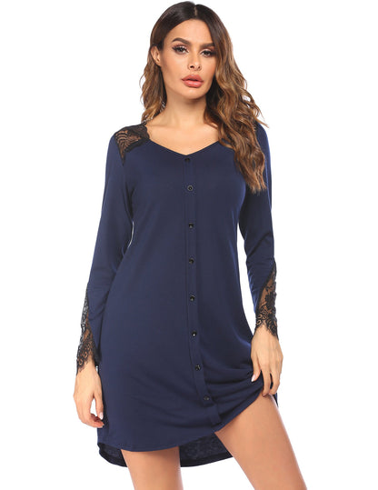 Lace Stitching Nightdress for Women Long Sleeve Soft Loungewear Sleep Dress Comfortable Fit