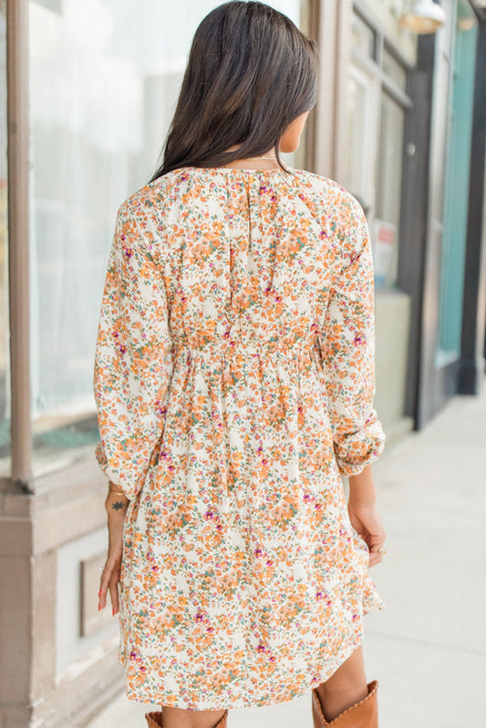 Yellow Floral Mini Dress V Neck Empire Waist Long Sleeve Boho Chic Style
