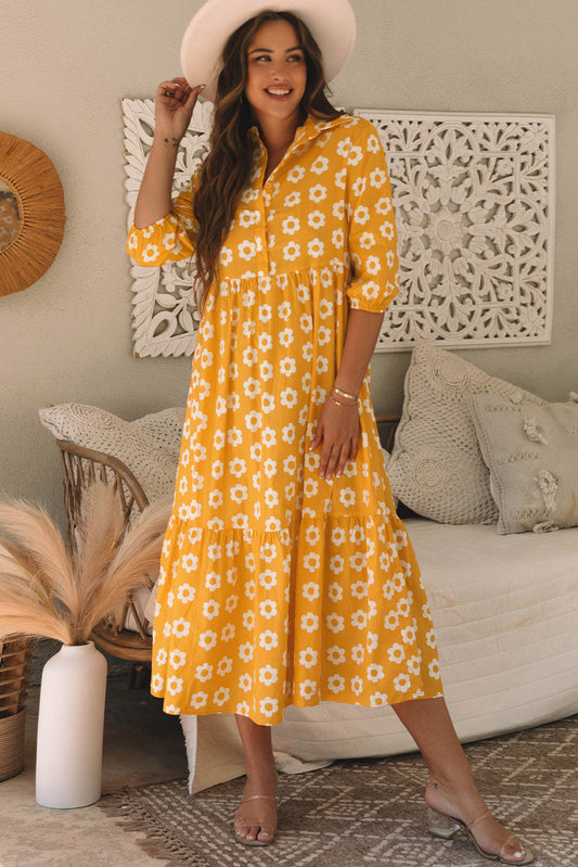 Yellow Floral Maxi Dress with Bracelet Sleeves and a Collared Neckline for a Chic Look
